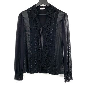 Cappuccini Blouse Women’s 8 Black Satin Lace Sheer Whimsigoth Crochet Sequin Top
